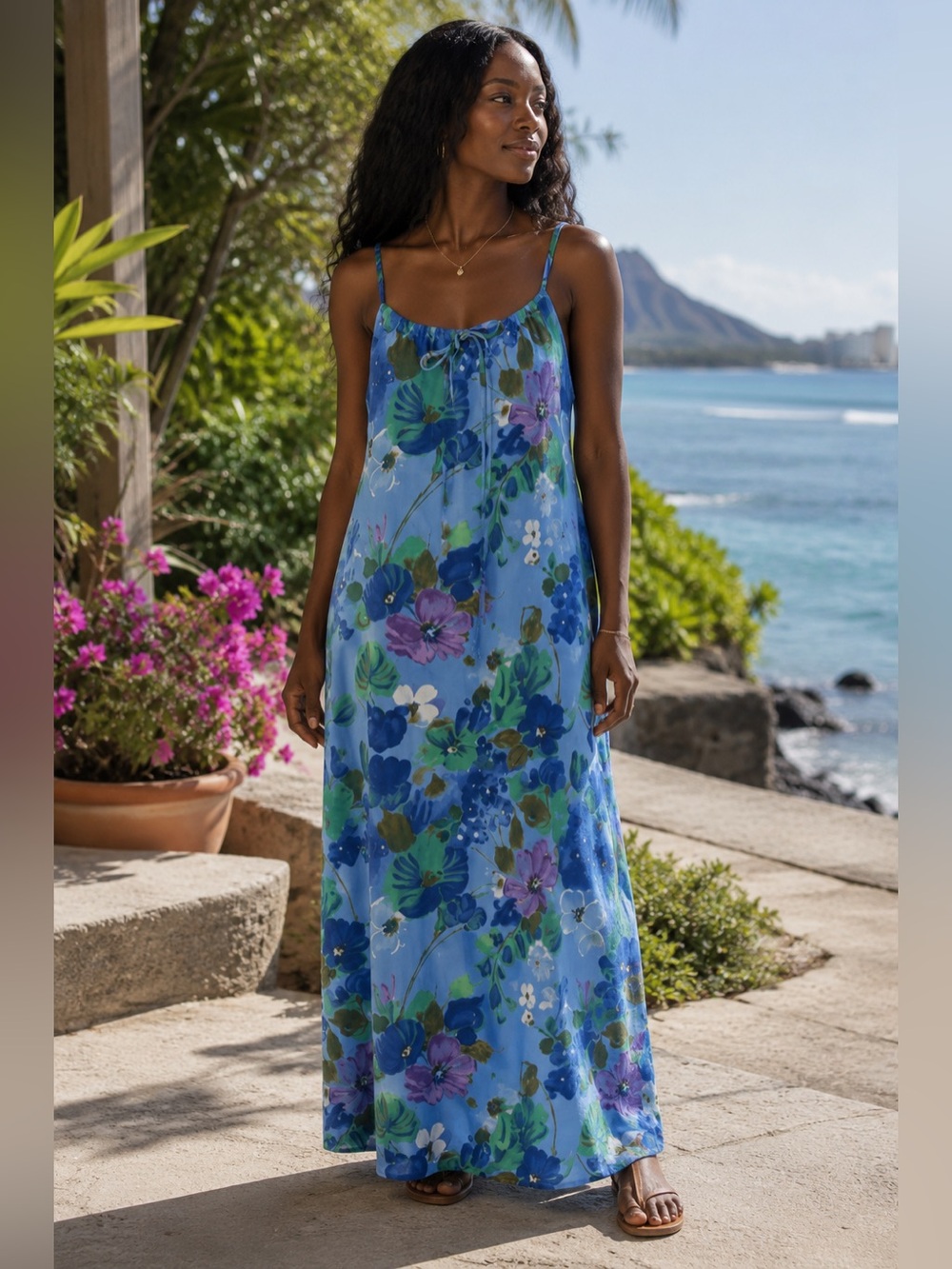 Vintage Y2K Hawaii Nei Honolulu Blue Floral Maxi Slip Dress Size 10 Boho